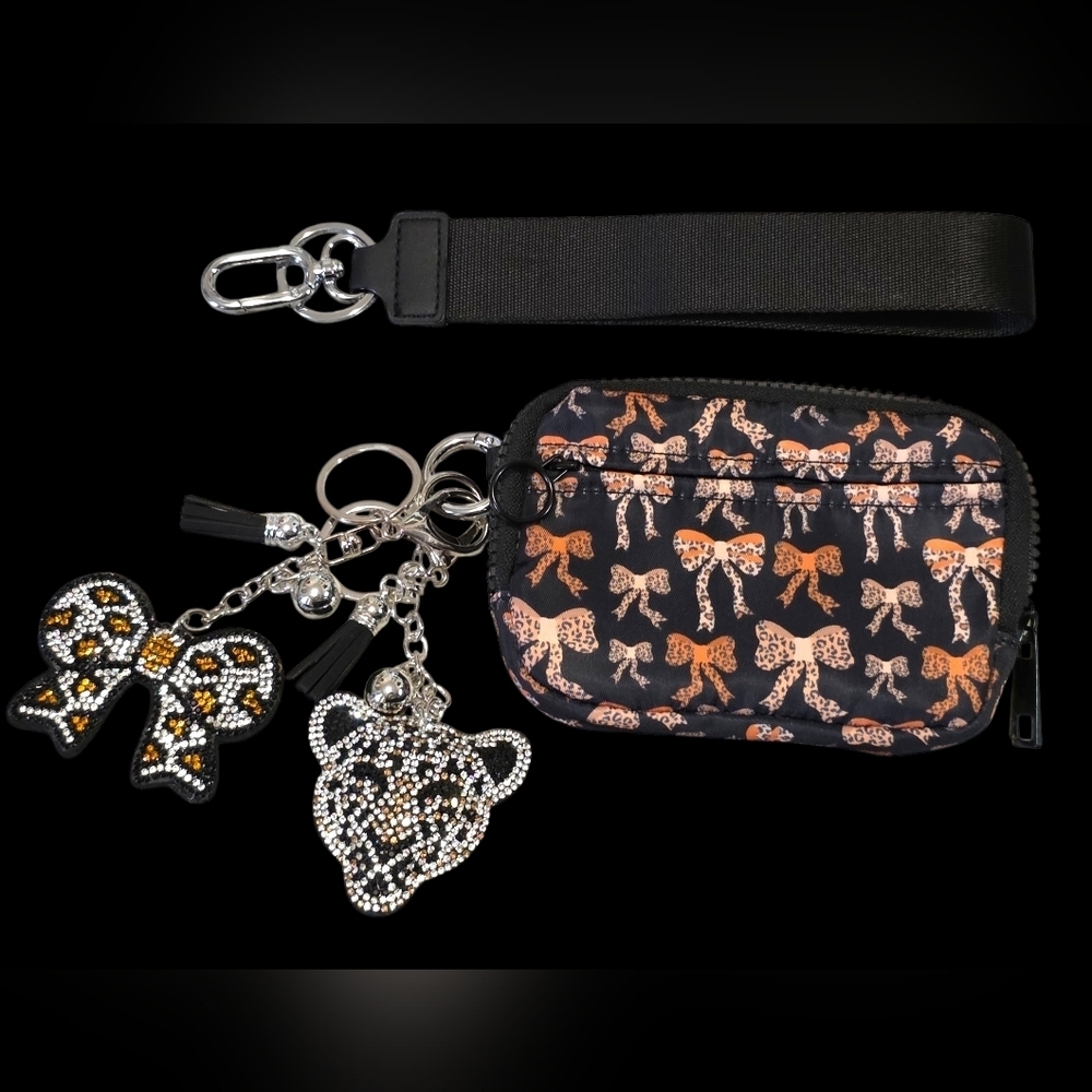 Black and Orange Leopard Bow Print Pouch with 2 Bag Charms